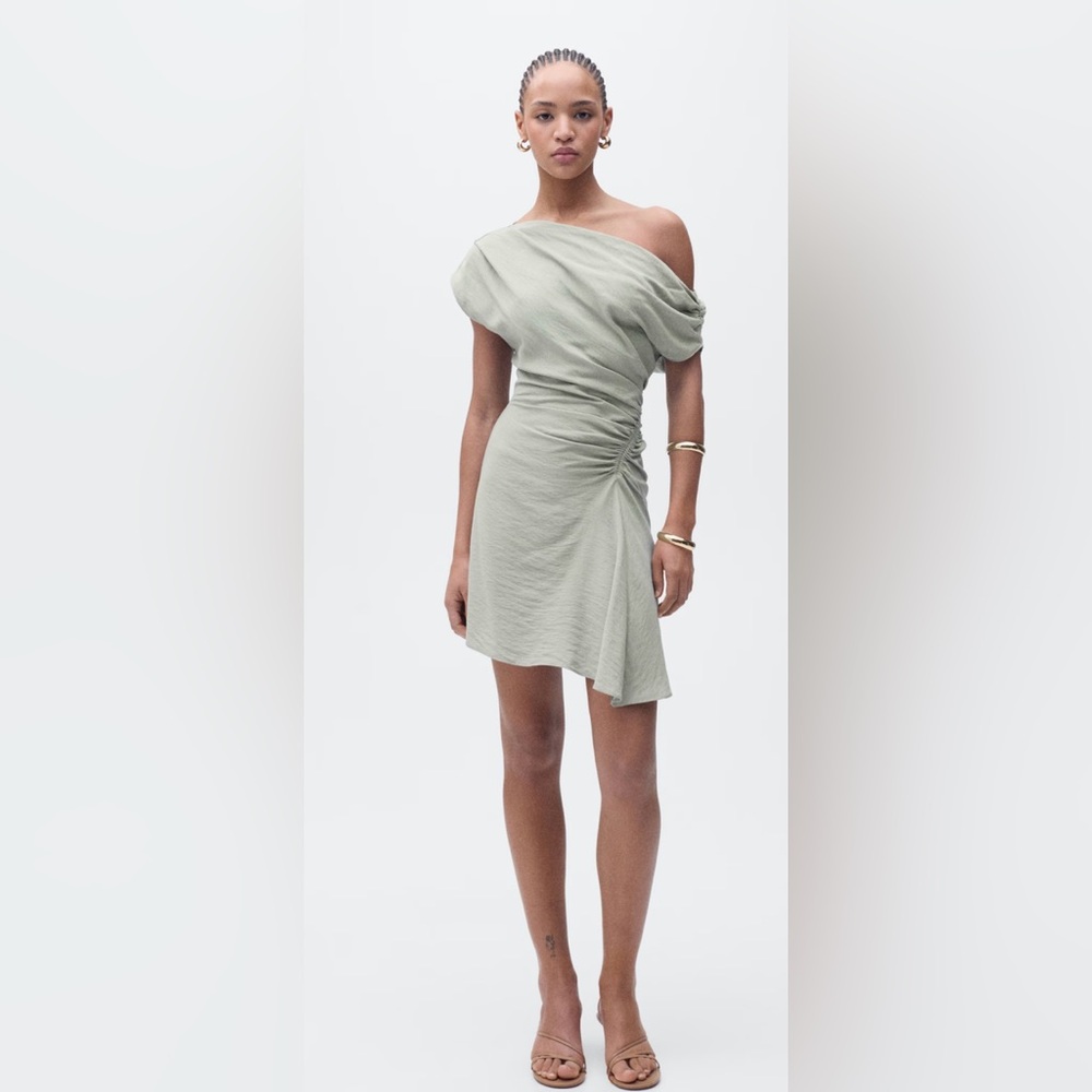 NWT - Mango asymmetrical draped short dress, sage green, size S - Picture 2 of 11